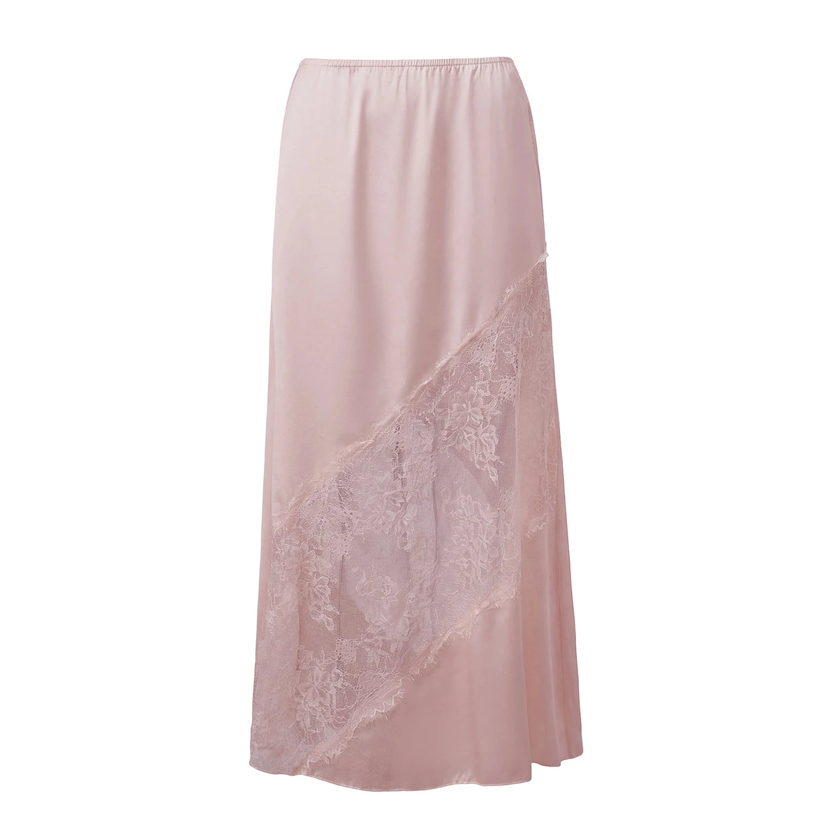 Fashion Stylish Women's Long Skirt Solid Color Satin Lace Patchwork Mid Rise Skirt for Spring Summer