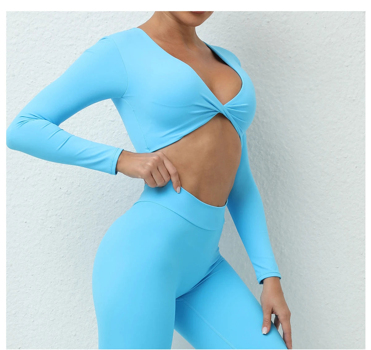 Long Sleeve Gym Crop Tops for Women Twist Deep V Workout Quick Dry Padded Sports Fitness Yoga T-Shirt