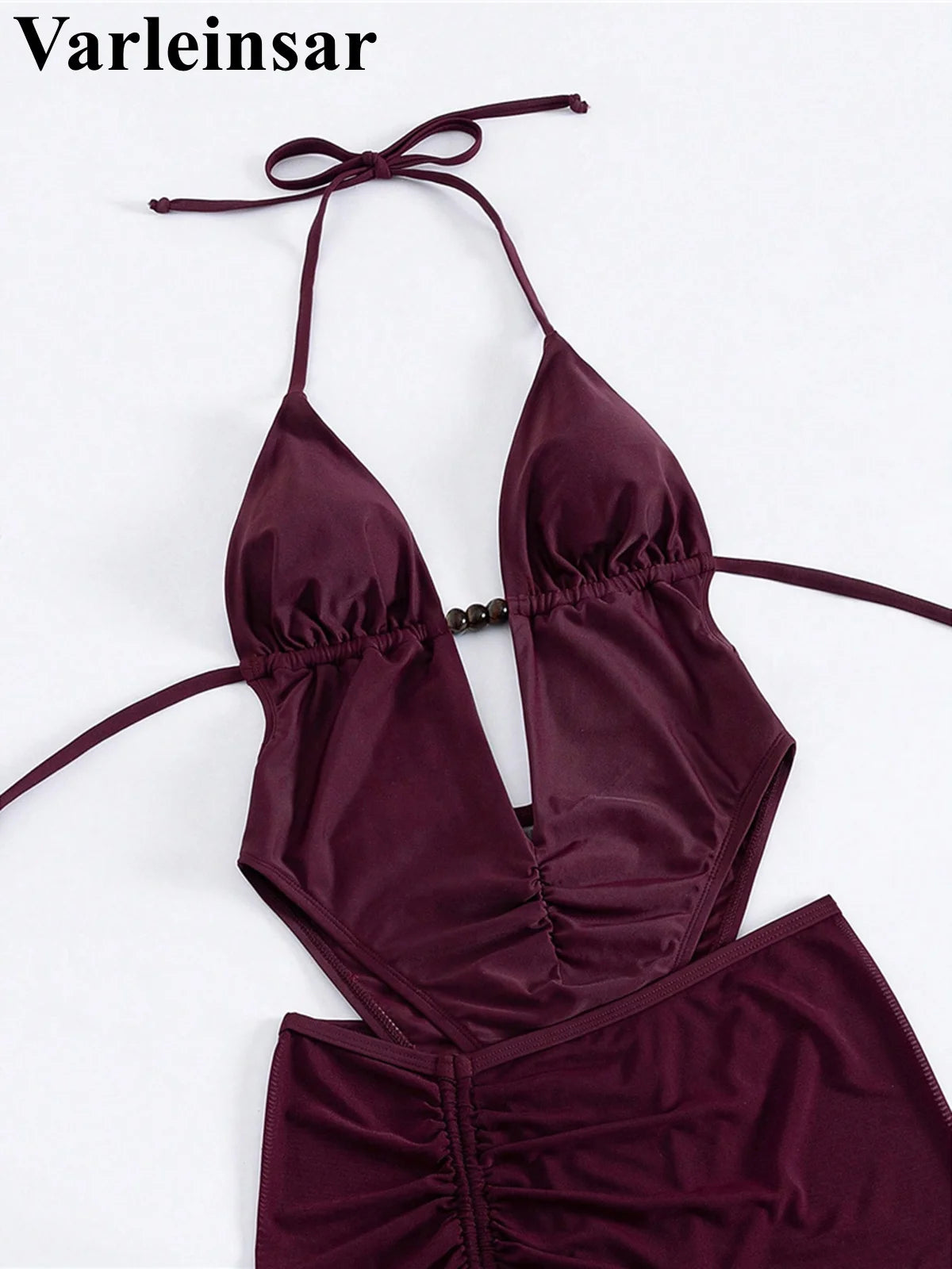 Sexy With Skirt Halter Deep V Neck Women Swimwear One Piece Swimsuit Female High Leg Cut Backless Bather Bathing Suit Swim V8112