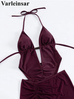 Sexy With Skirt Halter Deep V Neck Women Swimwear One Piece Swimsuit Female High Leg Cut Backless Bather Bathing Suit Swim V8112