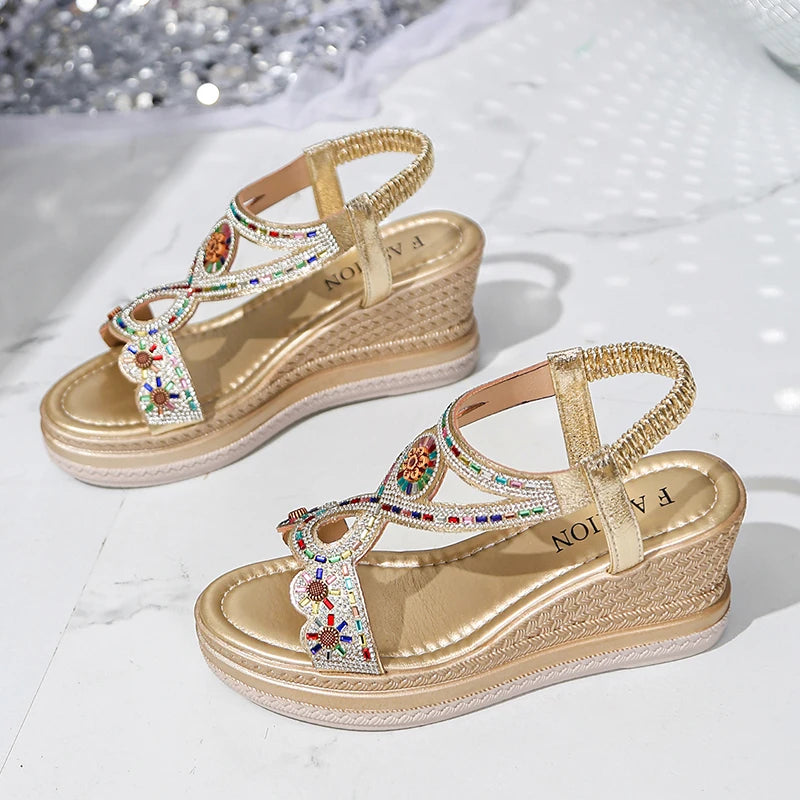 Bling Crystals Chunky Sandals Women 2026 Summer Elastic Band Wedges Platform Sandles Woman Plus Size 43 High Heel Rome Sandals