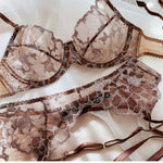 3 Pcs Sexy Lingerie Set Women Lace Embroidery Bra French Ultra Thin Mesh Underwear Summer High Quality Bras and T-back Stockings