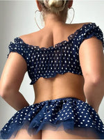 Women's Polka Dot Shoulder Revealing Puffy Skirt Set Sexy Lace Top Skirt Thongs Underwear Suits Mesh Perspective Exotic Sets