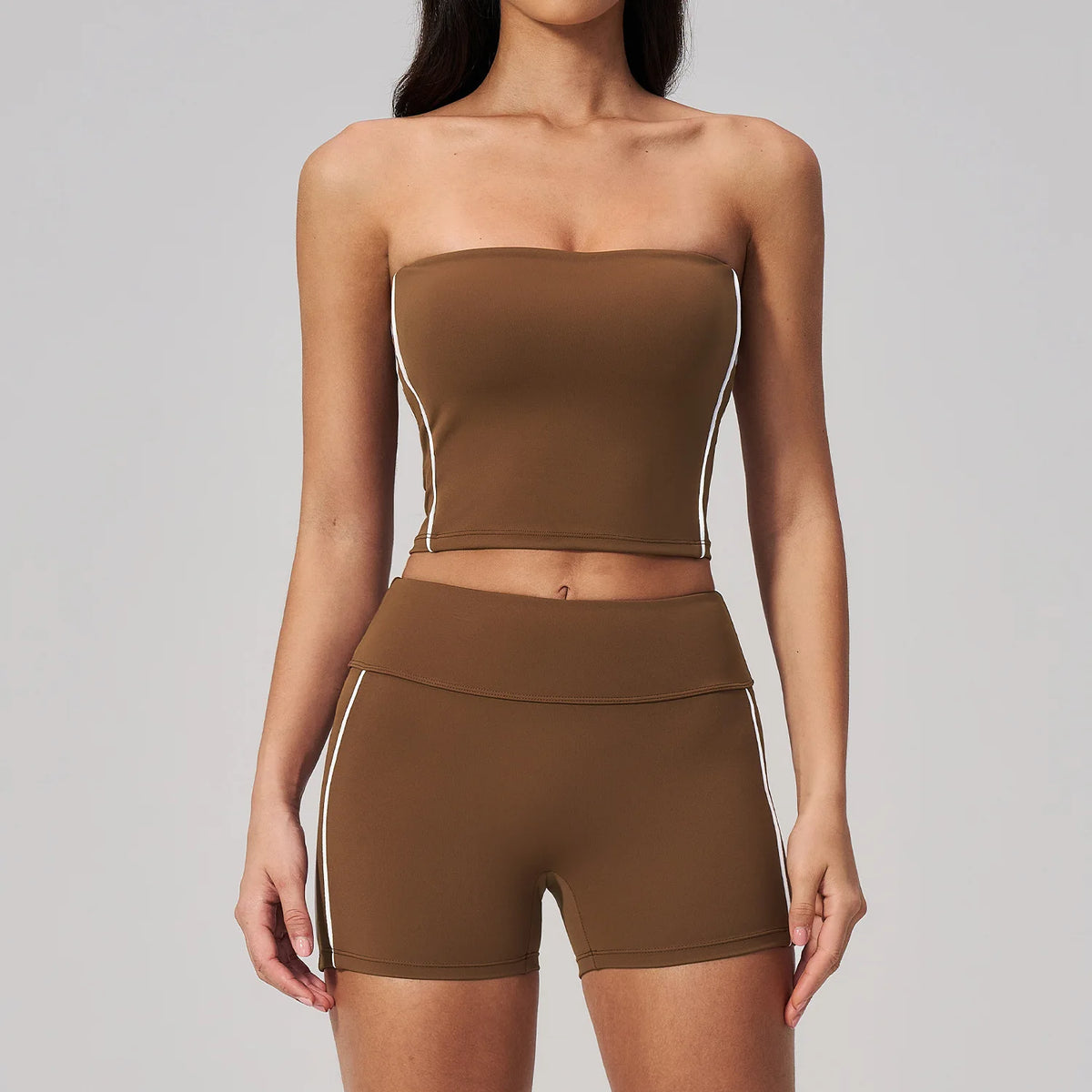 Summer Tight Yoga Suit Women Color Contrast Strapless Slim Sports Tank Top Shorts Fitness Suit Gym Running Workout Tracksuit