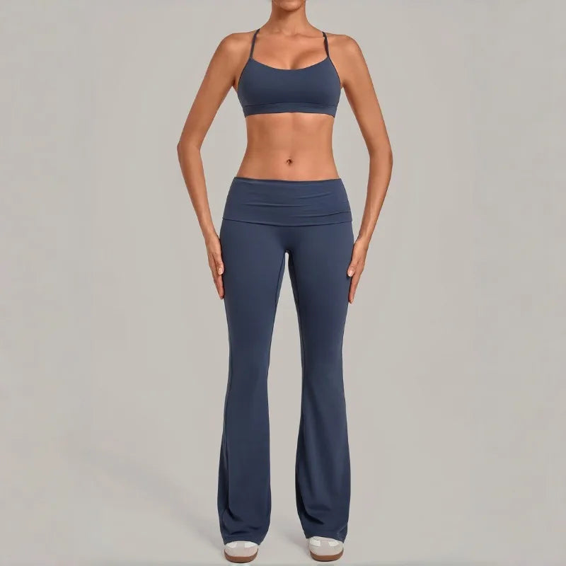 Women's Yoga Sets Sports Fitness Sling Cross Beauty Back Bra Training High Waist Hips-Lifting Flare-Pants Suits Gym Workout Sets