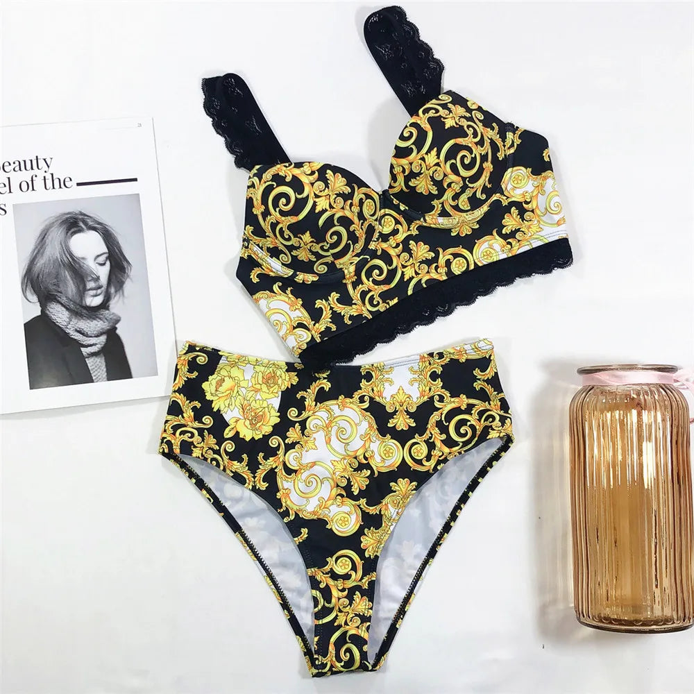 Sexy Black Print High Waisted Bikini Push Up Lace Straps Swimsuits Women 2026 Swimwear Bathing Suit Brazilian Bikinis De Mujer