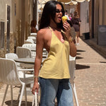 FDYOUI Woman Clothing Halter Neck Backless Camisoles Streetwear 2026 Summer Girls Sexy Lace-up Off Shoulder Yellow Tank Tops