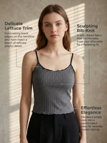 cotton Women Sleeveless Rib Knit Camisole Lettuce Trim Thin Strap Slim Fit Casual Tank Top Summer Basic Elegant Blouse A1562
