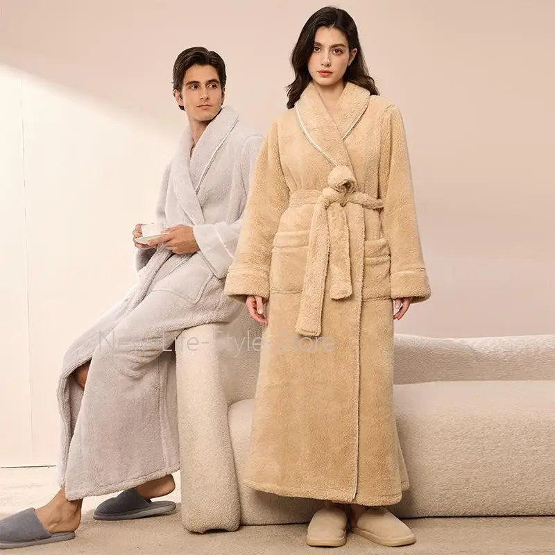 Autumn Winter Flannel Plus Size Robe Pajamas Thick Cozy Fleece Couple Bathrobe, Men Women Long Warm Loungewear,