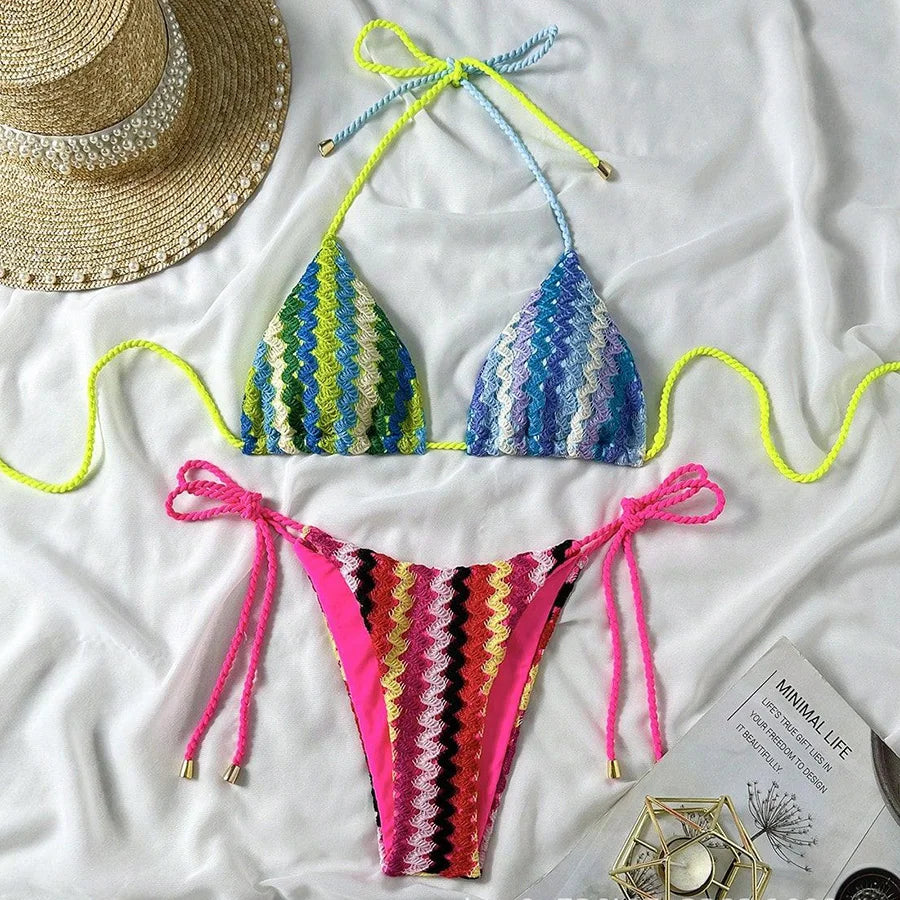 XS - L Mesh Knitted Rope Halter Brazilian Bikini Women Swimwear Female Swimsuit Two-pieces Bikini Set High Cut Bathing Suit Swim