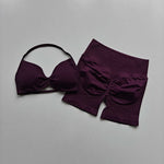 2PCS Backless Sports Bra High-Waisted Yoga Shorts Set Sexy Neck Hanging Design Abdomen Hip Lifting Fitness Outfit
