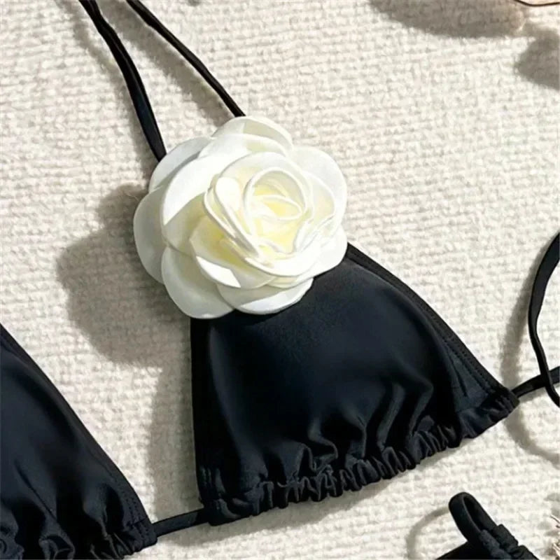 Sexy 3D Flower Black Triangle Bikinis Sets Micro Thong Swimsuit Women String Halter Bathing Suit Bikini 2026 Mujer Biquinis Swim