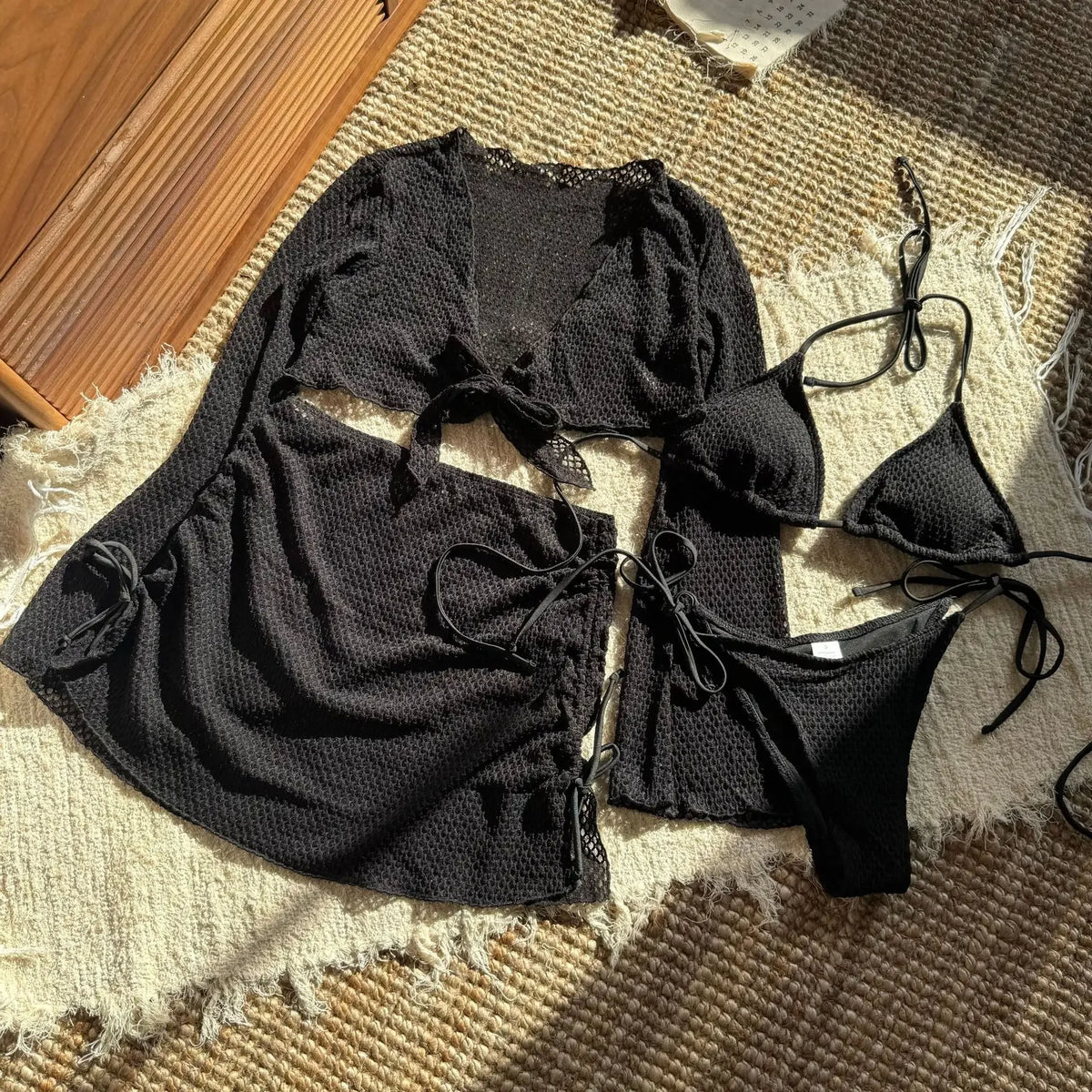 Summer 4 Piece Bikini Set 2025 Women Sexy Black Long Sleeve Cover Up and Skirt Swimsuit Beach Bathing Suit Holiday Swimwear
