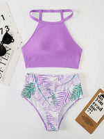 Sexy Light Purple High Waist Bikini 2024 Woman High Neck Swimsuit Female Two Pieces Swimwear Women Print Beach Wear Bathing Suit