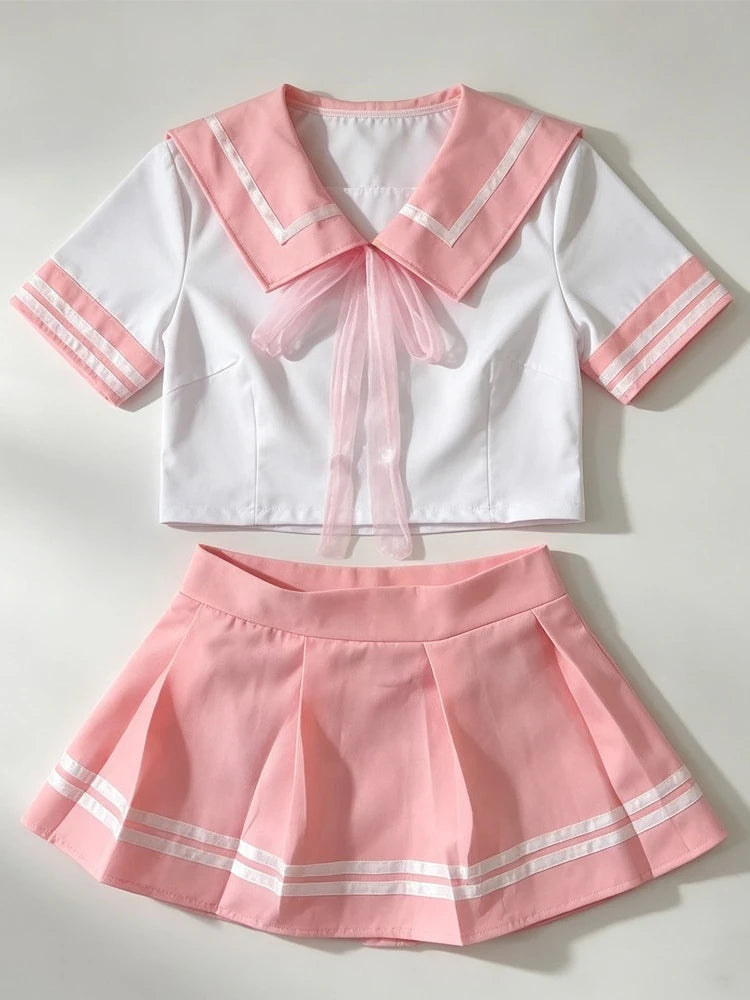 Women Sailor Collar Two-Piece Set Navy White Bow Decor Chiffon Fabric Casual Homewear Cosplay Costumes Daily Party Themed Event