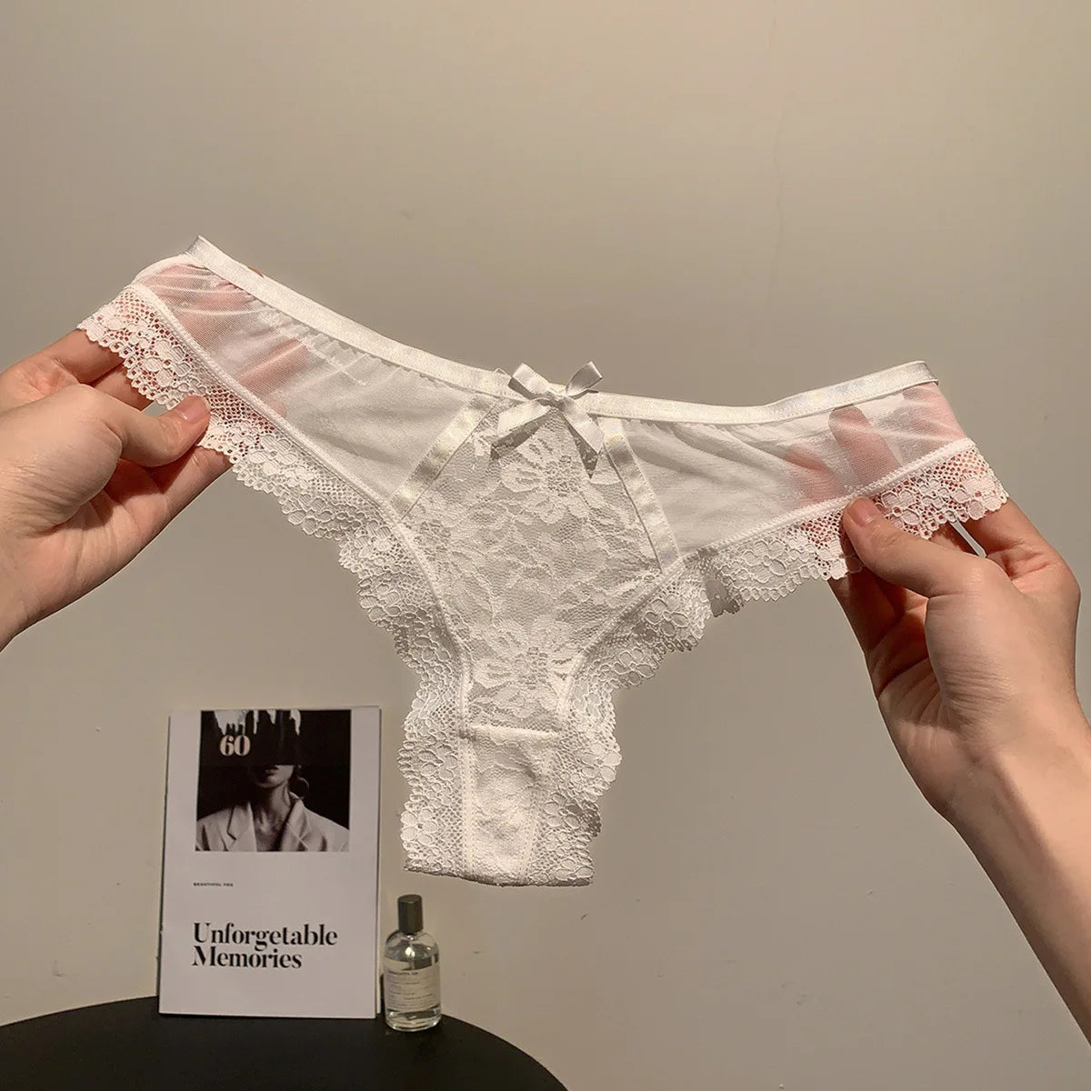 Women’s Flower Embroidery Sexy Thong Spicy Girl Lace Transparent Underpants Thin Summer Hollow Out Panties Bow Briefs