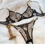 Women Mesh Underwear Set Sexy Lace Leaf Embroidery Bra Set French Ultra Thin Breathable Bralette Vintage Bras and T-back Sets