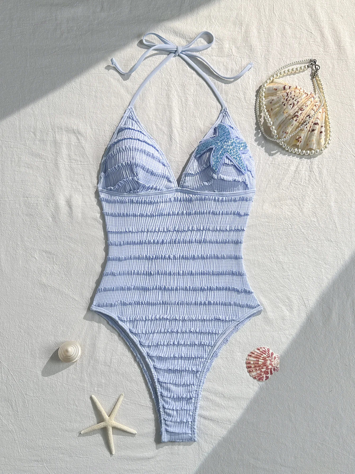 Sexy Holiday Swimwear Women 2026 Blue Sequin Starfish V Neck Hollow Out Backless Tummy Control Bathing Suit One Piece Swimsuit