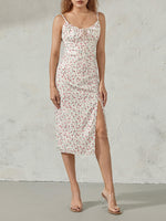 Women Summer Floral Print Party Club Midi Dress Sleeveless Spaghetti Strap Bustier Backless Thigh Slit Slim Dress