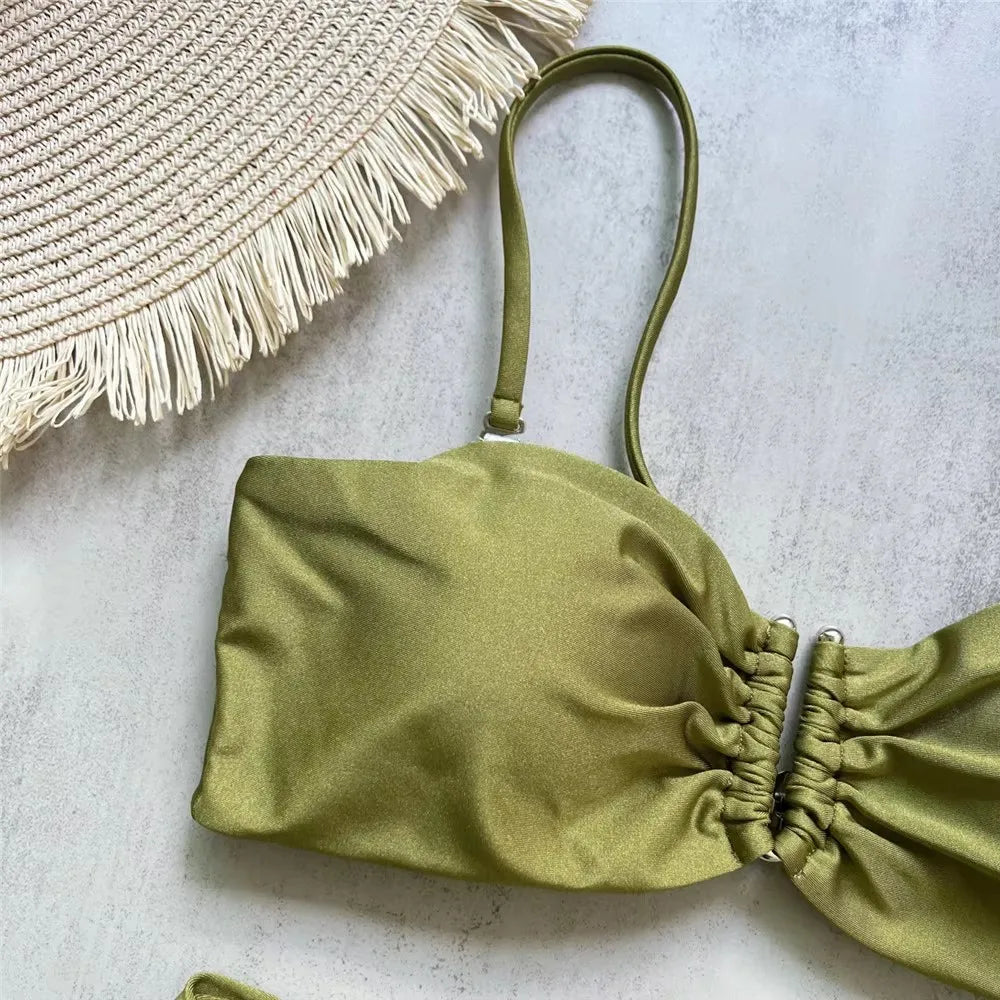 Brown Shiny U Shaped Bikini High Waist Sexy Swimsuit Women 2026 Wrinkled Solid Swimwears Bathing Suit Bandeau Bikinis Sets Mujer
