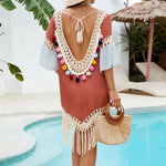 Splicing Tassels Half Sleeve Crochet Knitted Tunic Beach Dress Beach Wear Beachwear Beach Cover Up Cover-upsFemale Women V6631
