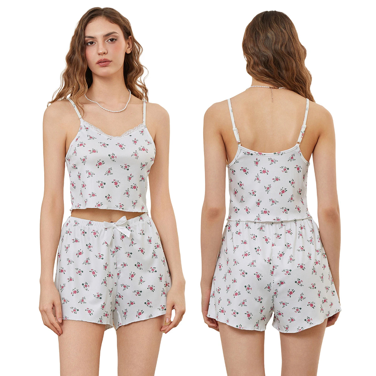 Women Pajamas Set 2 Pieces Loungewear Suits Floral Print Lace Trim Camisoles Tank Tops and Shorts Outfits Summer Sleepwear