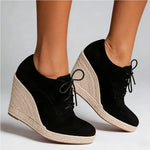 2026 Big Size 43 Vintage Brown Black Pointy Toe Lace-up High Heels Espadrilles Pumps Comfy Walk Office Lady Wedges Shoes Women