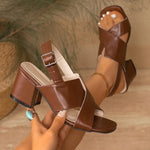 Block Heel Sandals Summer New Square Toe Deep Mouth Open Toe Crossover with Metal Buckle