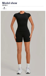 Tight Invisible Wrinkle Yoga Sets Women Short Sleeve O Neck Hollow Back Sports Tank Top Butt-Lifting Shorts Gym Fitness Suits