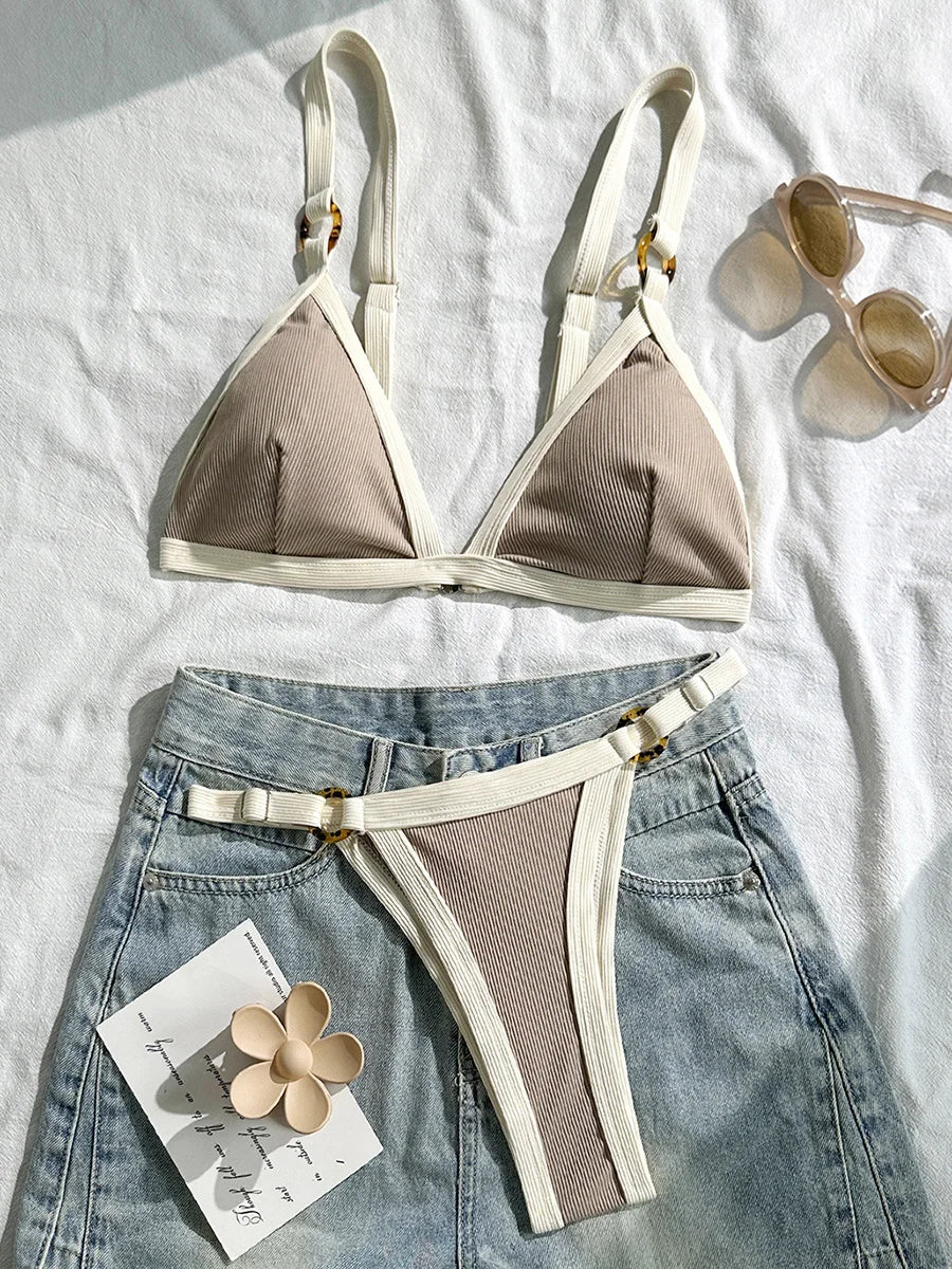 Splicing Ribbed High Cut Ring Mini Micro Bikini Women Swimwear Female Swimsuit Two-pieces Bikini Set Bathing Suit Swim Beachwear