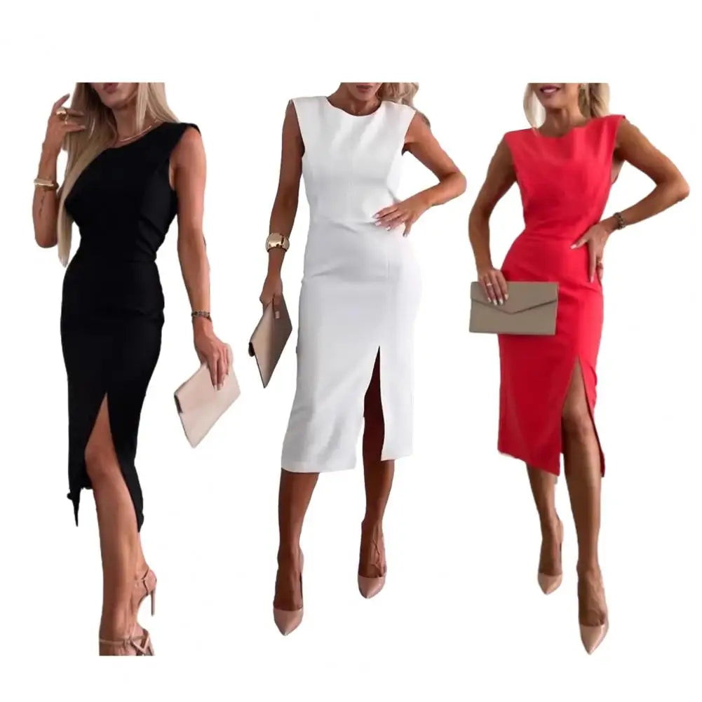 Summer Women Dress Sleeveless Round Neck Slim Fit Dress with Slit Design Midi Dress Women's Clothing Evening Party Clubwear