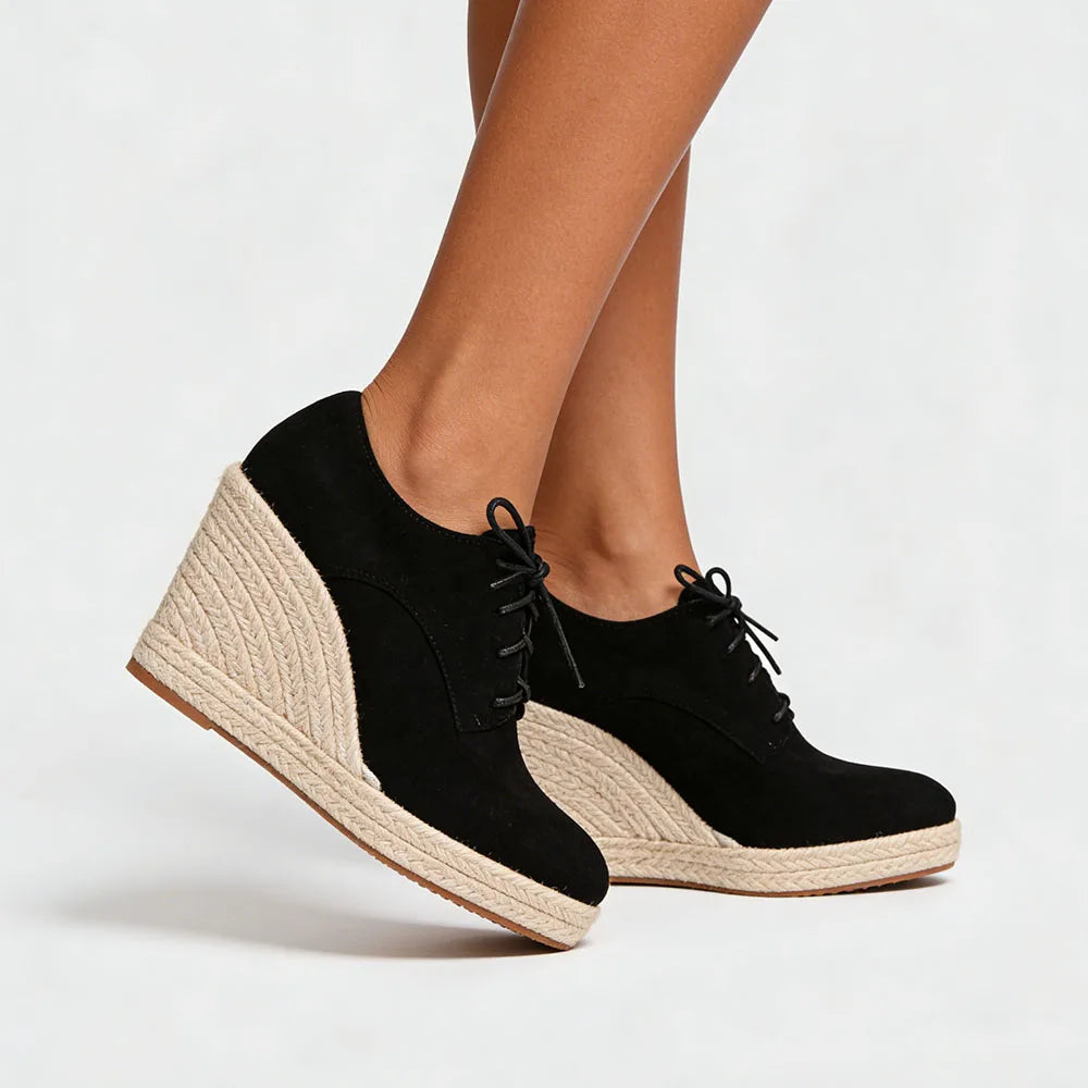 2026 Big Size 43 Vintage Brown Black Pointy Toe Lace-up High Heels Espadrilles Pumps Comfy Walk Office Lady Wedges Shoes Women