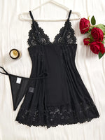 Women Sexy Lingerie Set See-through Deep V Slip Dress Thong Elegant Comfortable. Bow Design Sexy Lace Red Bra Panty Pijamas Set