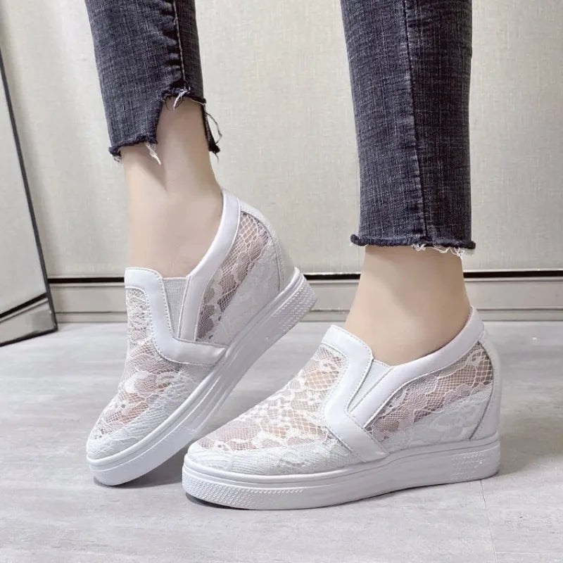 Slip On Height Increasing Mesh Shoes Women 2026 Summer Breathable Hollowed Wedge Heel White Sneakers