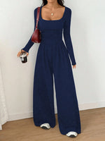Women's Casual Solid Color Square Neck Long Sleeve A-Line Jumpsuit Pleating Wide Leg Loose Mopping Jumpsuit Spring/Fall 2026