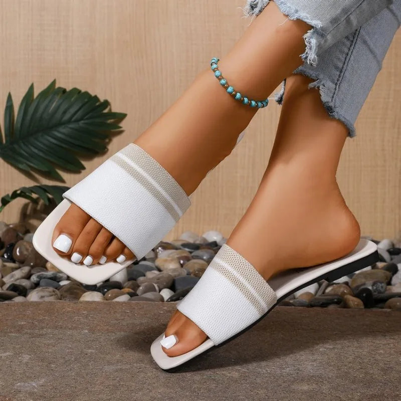 Leisure Flat Bottom Sandals Women's New 2026 Square Head Low Heel Solid Color Casual Large Size Beach Slippers