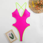 V Neck Splicing Extreme String Mini Micro Thong Women Swimwear One Piece Swimsuit Female Padded Bathing Suit Bather Swim V7085