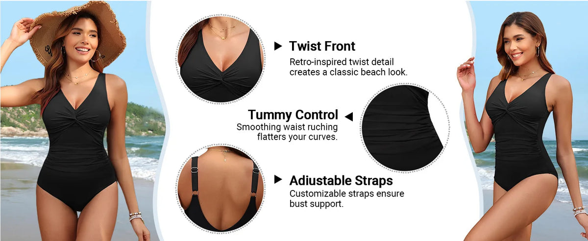 S - XXL Twist Front V Neck One Piece Swimsuit Women Swimwear Female Slim Monokini Backless Bathing Suit Swim Beachwear Bodysuit
