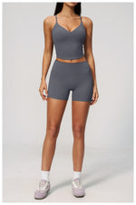 New Yoga Sets Women V Neck Back Criss Cross Sports Tank Top High Waist Butt Lift Shorts Fitness Suit Gym Running Workout Clothes