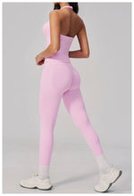 Summer Seamless Yoga Sets Women V Neck Slim Sports Tank Top Fitness Suit Peach Hip High Elasticity Leggings Running Tracksuit