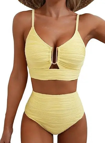 Women's New Swimsuit Bikini Set Fashion Sexy V-neck Hollow Swimsuit High Waist Textured Ruffled Swimsuit Women's Bikini Women