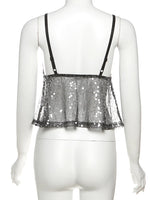 kliou Mesh Sequins Women Tops Summer Thin Shiny V-neck Backless Ruffle Trim Crop Camis Female Popular Hipster Sexy Streetwear