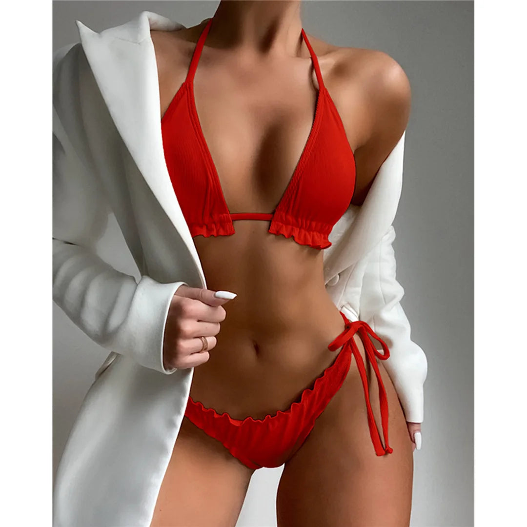 Ruffled Frilled Brazilian Bikini Women Swimwear Two-Pieces Bikini Set Female Swimsuit Halter Bather Bathing Suit Swim Lady V2817