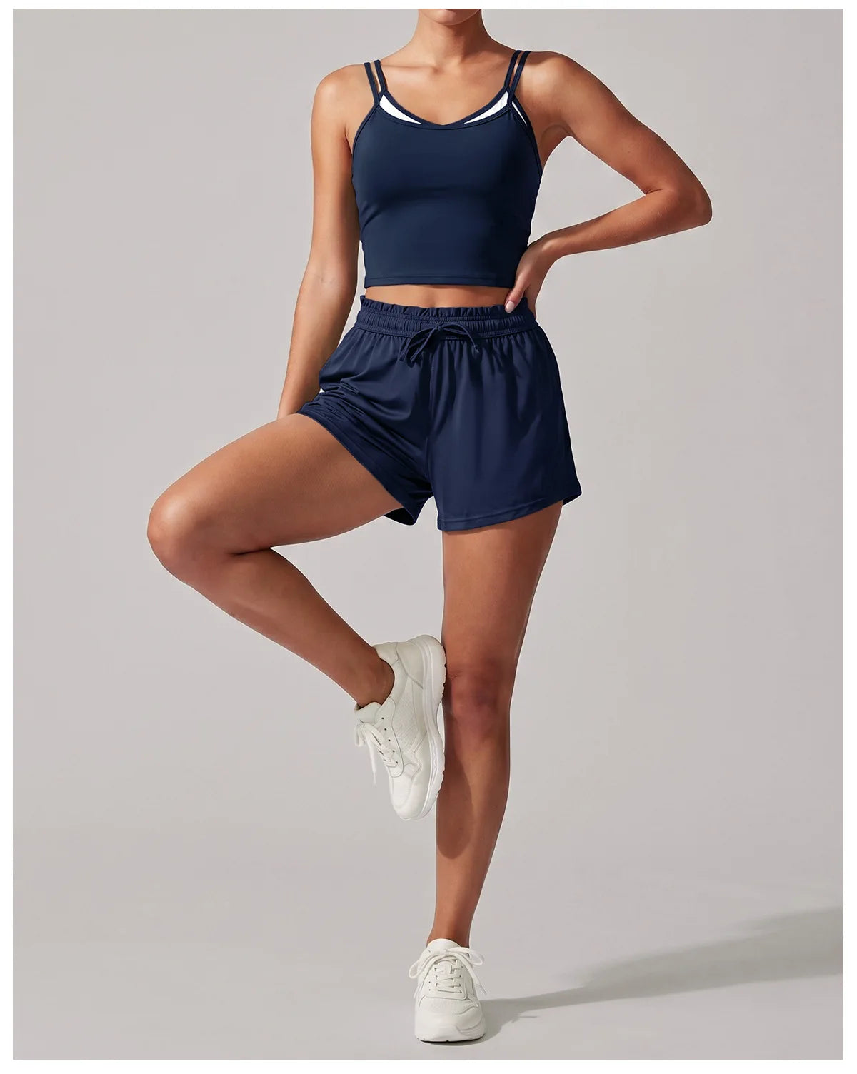 Women's New Summer Yoga Sets Color Blocked Double Strap Workout Tank Top Fitness Suit Drawstring High Waist Short Sport Set