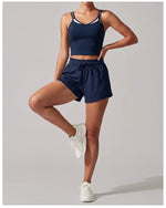 Women's New Summer Yoga Sets Color Blocked Double Strap Workout Tank Top Fitness Suit Drawstring High Waist Short Sport Set