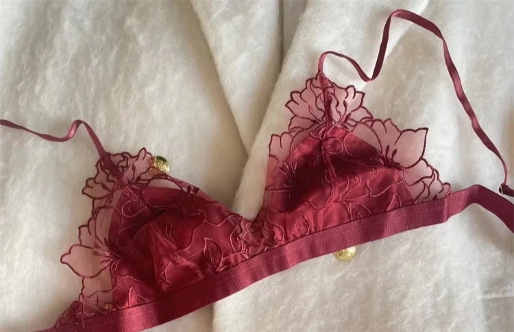MOYISU French Style Sexy Embroidered Lace Bra Set - No Underwire Triangle Cup Small Breasts Underwear for Big Breasts Women