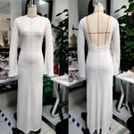Women Knit Dress See Through Bikini Cover-ups Long Sleeve Crew Neck Backless Long Dresses Club Beach Sexy Swimwear Dresses