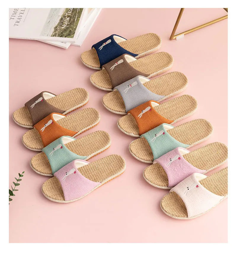 Breathable Cotton Flax Slippers For Women Men Indoor Shoes Anti-slip Light Weight Cute Cartoon Couples Home Floor Slides
