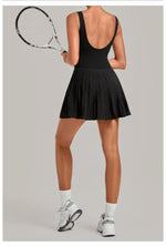 Naked Fake Two Piece Tennis Dresses with Pocket Bottom Women Back Hollow Out Pleate Skirts Outwear Square Collar Golf Yoga Dress