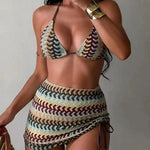 DEKA Vintage Green Striped Knitted Bikini Set Women Sexy Swimwear Drawstring Side Cover Up 3 Piece Swimsuit Bathing Suit Holiday